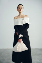 Off-Shoulder Midi Dress with Structured Bodice and Tailored Long Sleeves
